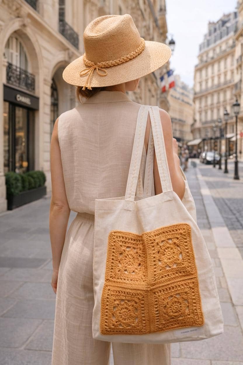 SOMBRERO Y BOLSA GANCHILLO MOSTAZA